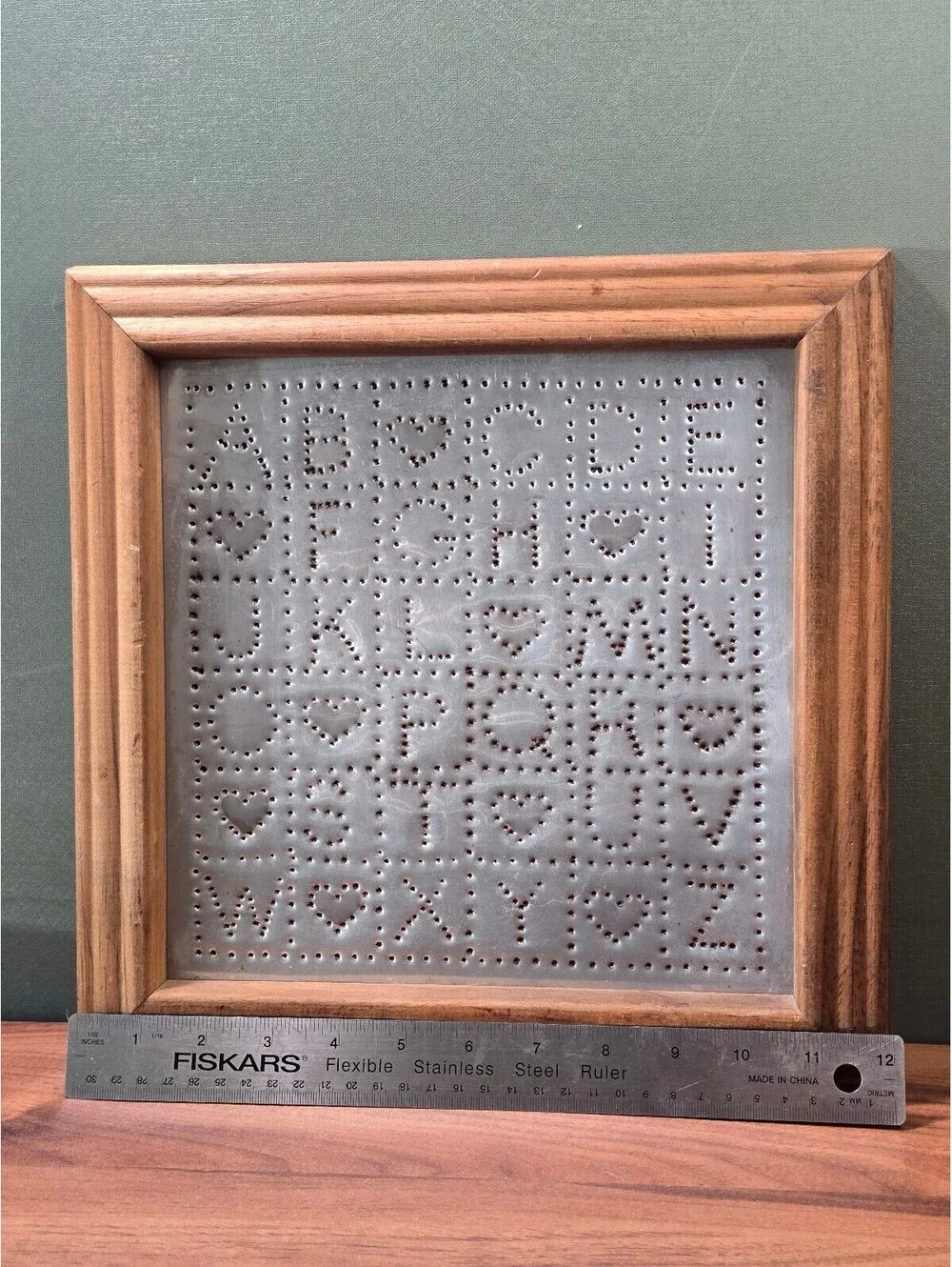 Vintage Alphabet Punch Tin Sign with Wooden Frame